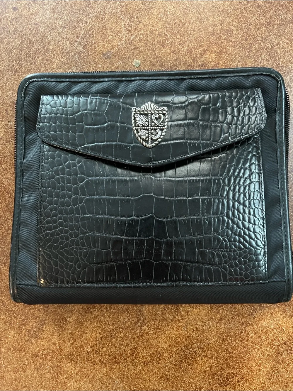 Brighton Black Nylon Notebook withCroc-Texture Leather Front Pocket